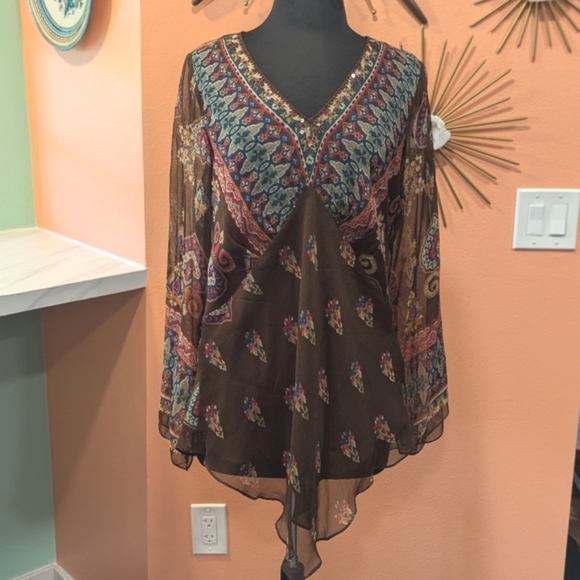 Y2K Signature By Robbie Bee 16W Brown Bohemian Tunic Sheer Beaded - Picture 1 of 12